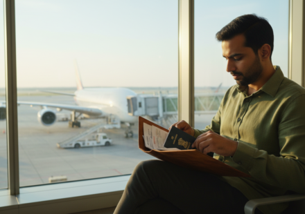 An Indian traveler holding a passport and travel documents inside a modern airport terminal overlooking aircraft.