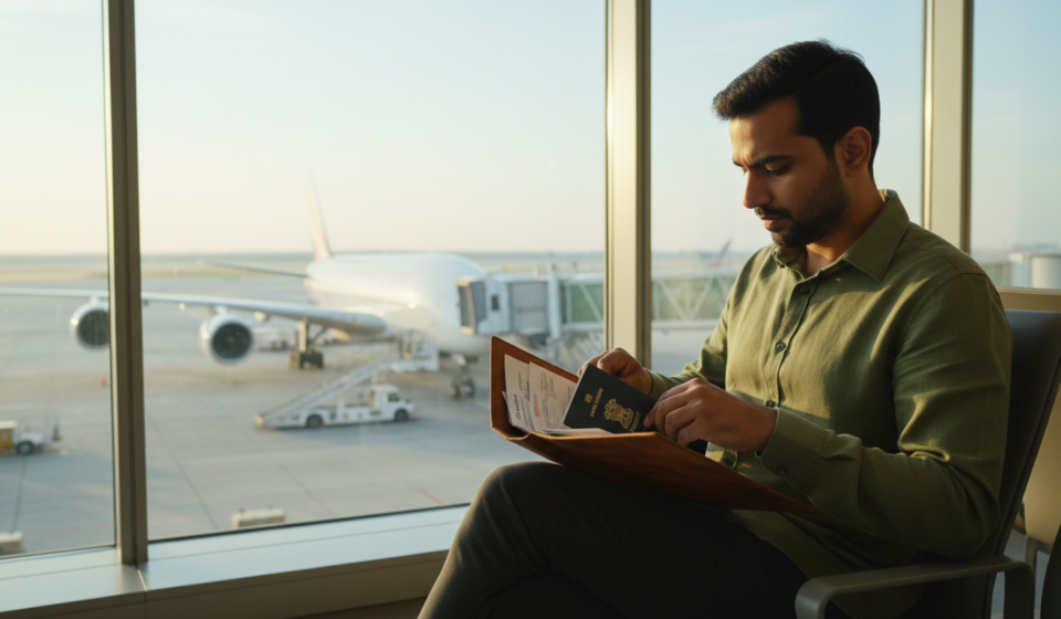 An Indian traveler holding a passport and travel documents inside a modern airport terminal overlooking aircraft.
