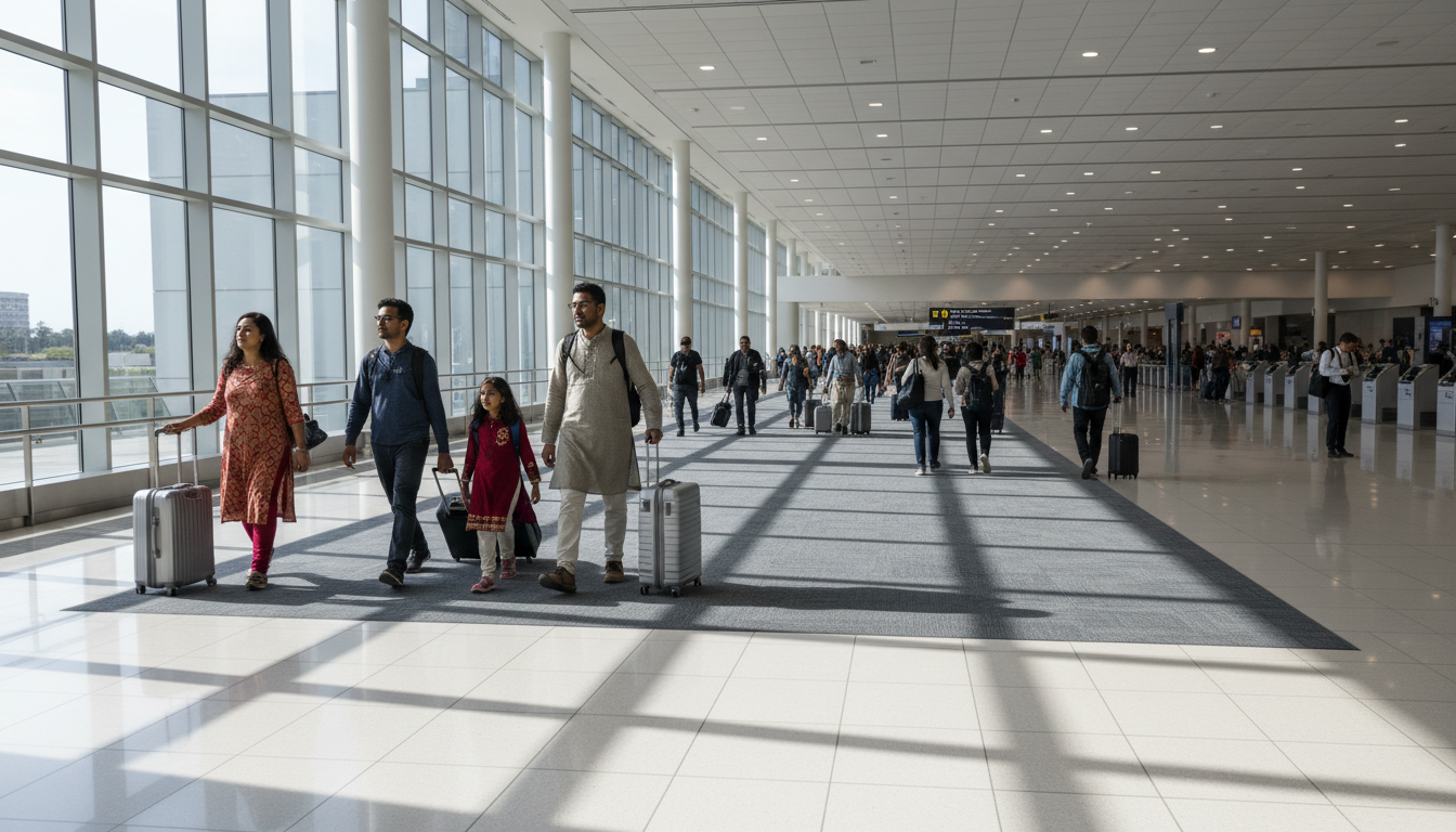 Travelers walking through a bright airport terminal corridor towards the international arrival passport control area.