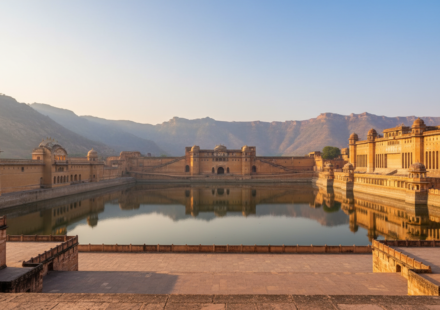 Sandstone walls of Amber Fort overlooking a calm lake surrounded by misty hills at sunrise in Jaipur.