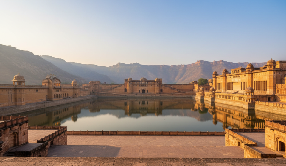 First Trip to India: Where to Go? (Region-by-Region Guide) Sandstone walls of Amber Fort overlooking a calm lake surrounded by misty hills at sunrise in Jaipur.