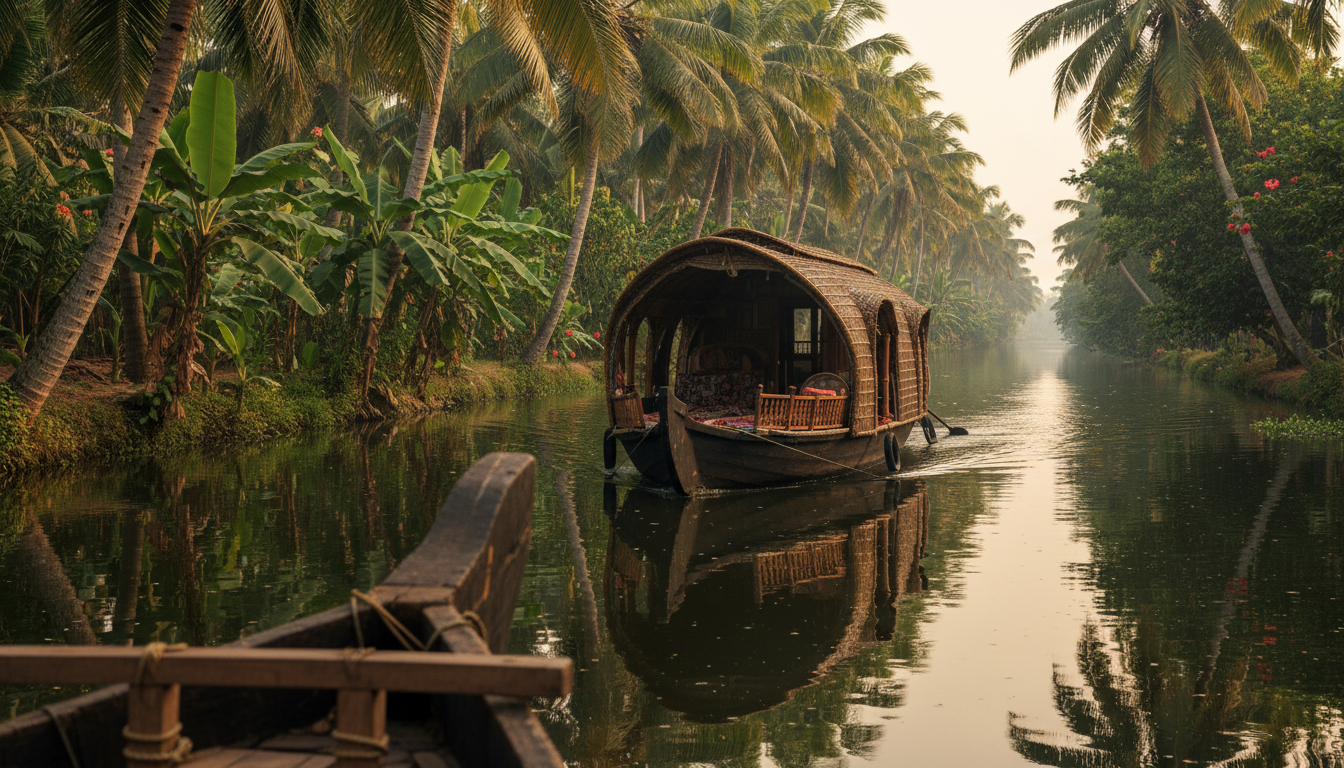 First Trip to India: Where to Go? (Region-by-Region Guide) 1 A traditional wooden houseboat navigating a calm palm-lined backwater canal in Alleppey, Kerala.