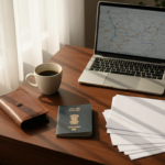 An Indian passport and neatly stacked travel documents on a dark wooden desk beside a laptop and coffee mug.