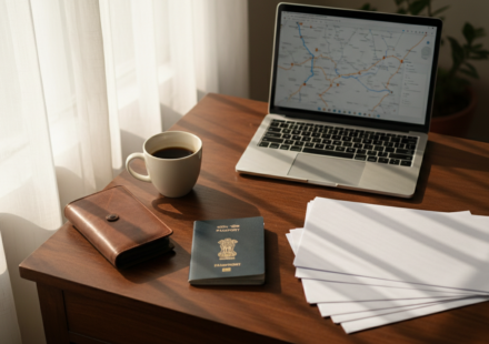An Indian passport and neatly stacked travel documents on a dark wooden desk beside a laptop and coffee mug.