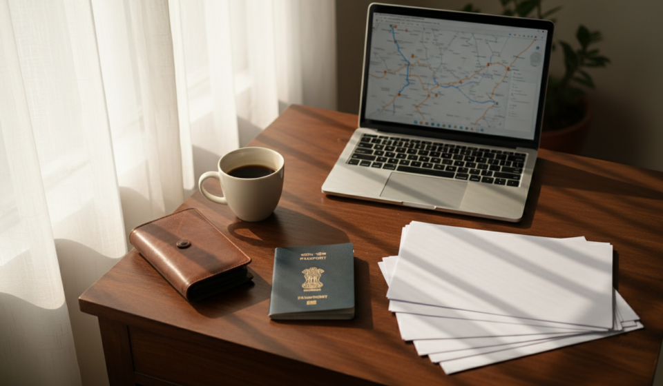 Flight Itinerary for Visa Application in India: 2026 Guide An Indian passport and neatly stacked travel documents on a dark wooden desk beside a laptop and coffee mug.