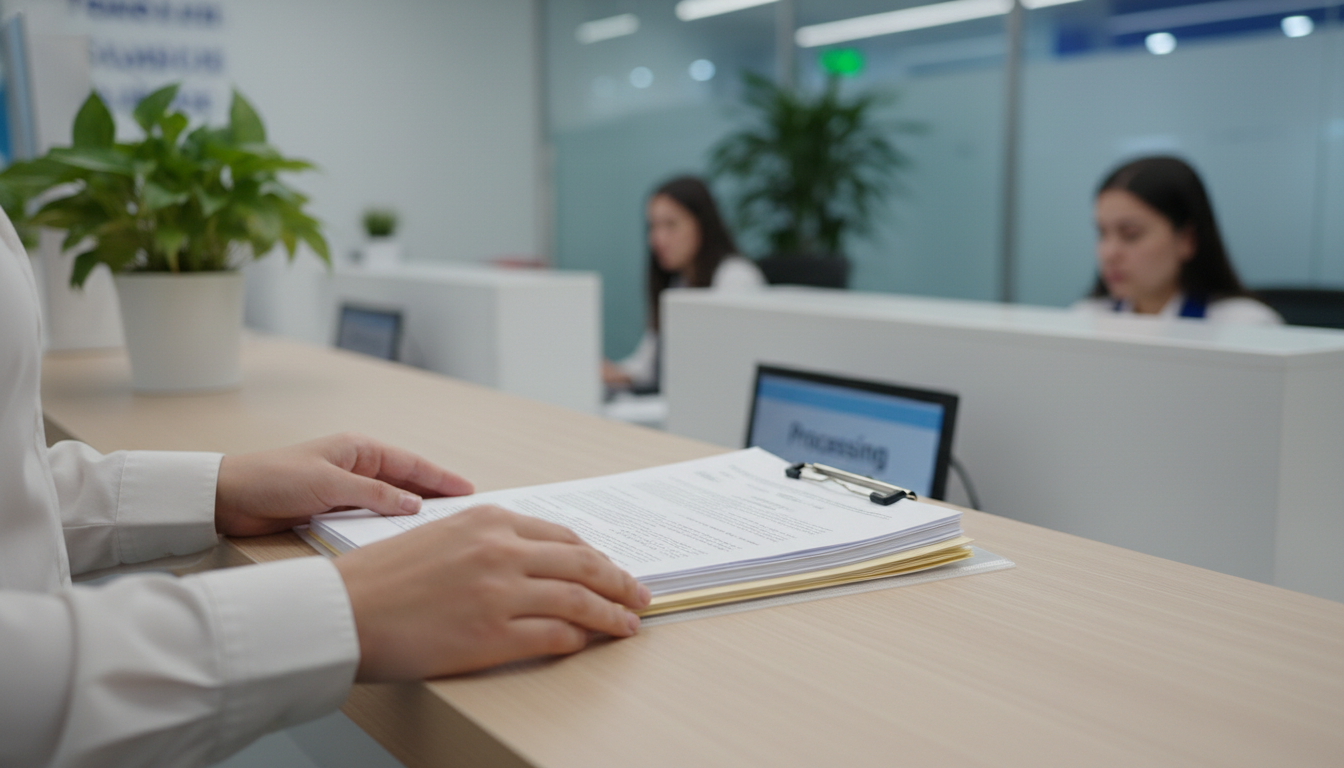 Flight Itinerary for Visa Application in India: 2026 Guide 2 Hands placing an organized folder of paper documents on a service counter at a bright document center.