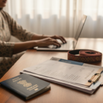 An organized workspace with an Indian passport, travel documents, and a laptop on a wooden desk.