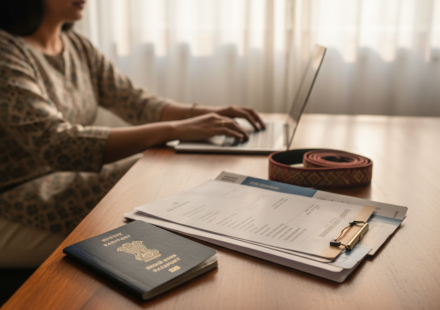 An organized workspace with an Indian passport, travel documents, and a laptop on a wooden desk.