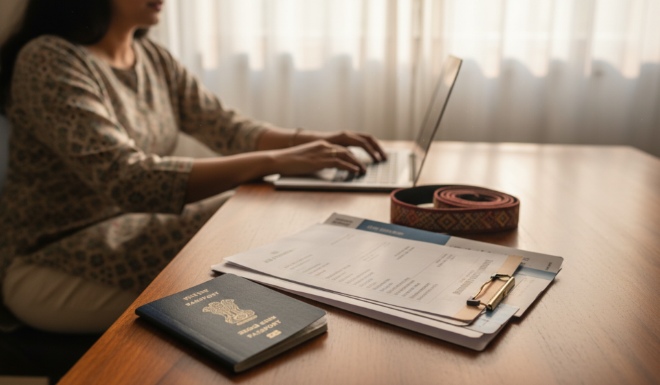 An organized workspace with an Indian passport, travel documents, and a laptop on a wooden desk.