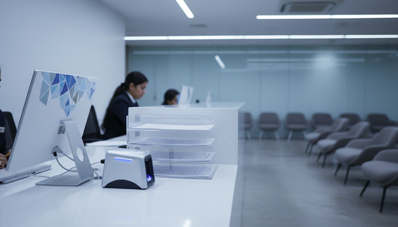 Modern interior of a visa application service center with biometric scanning equipment on a clean desk.