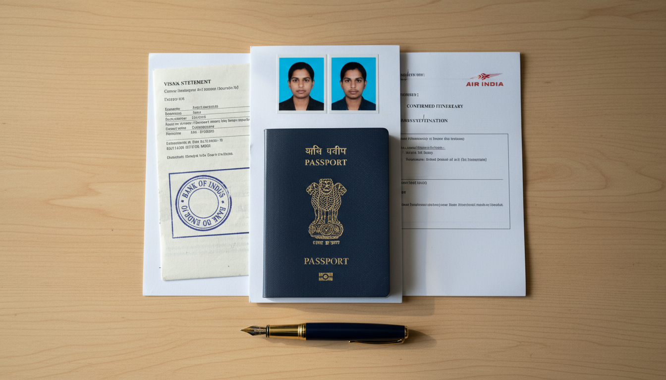 Flat-lay view of an Indian passport, passport photos, stamped bank statements, and visa documents.