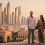 An Indian couple standing on an elevated terrace overlooking a glowing Gulf city skyline during sunset.