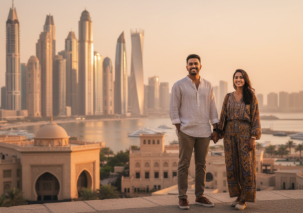 An Indian couple standing on an elevated terrace overlooking a glowing Gulf city skyline during sunset.