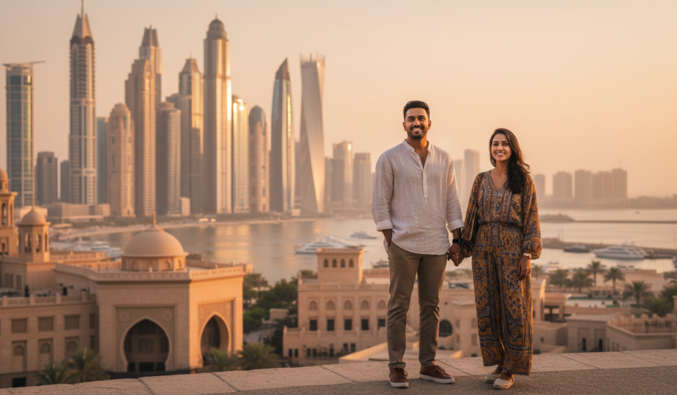 An Indian couple standing on an elevated terrace overlooking a glowing Gulf city skyline during sunset.