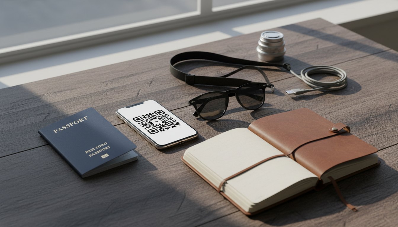 A traveler desk with a passport, smartphone showing a QR pass, notebook, and camera laid out for trip preparation.