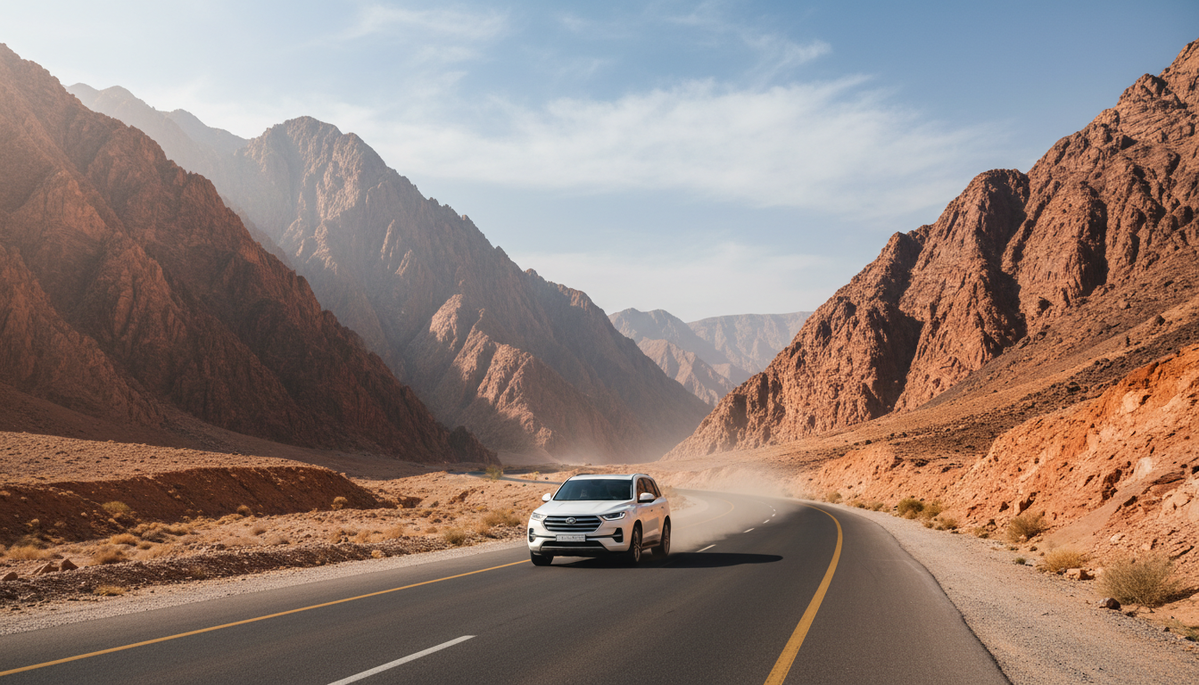 A white SUV driving along a highway winding through rugged desert mountains under a clear blue sky.