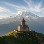 Stone church sitting on a green hill with high snow-capped mountain peaks rising in the background.