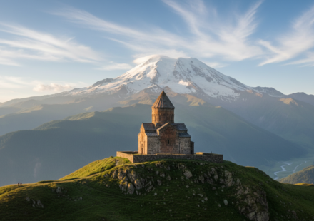 Stone church sitting on a green hill with high snow-capped mountain peaks rising in the background.
