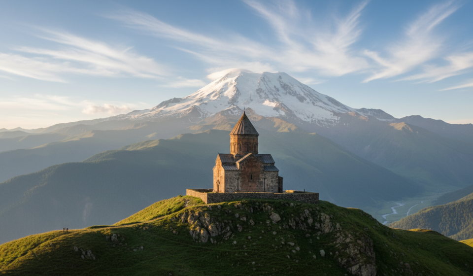 Stone church sitting on a green hill with high snow-capped mountain peaks rising in the background.