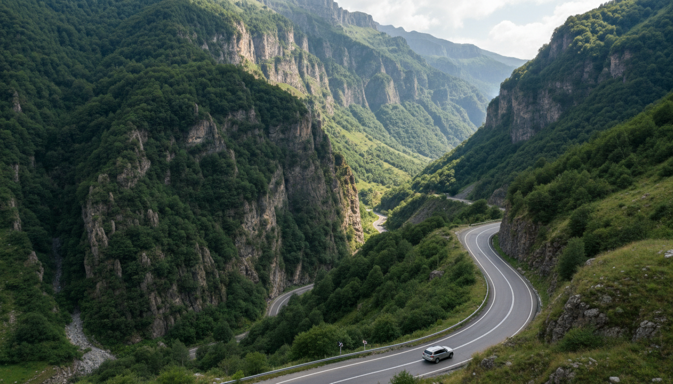 Winding mountain road curving through steep green alpine valleys under a clear sky with scattered sunlight.