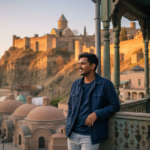 An Indian traveller overlooking historic Old Tbilisi houses and Narikala Fortress in warm afternoon light.