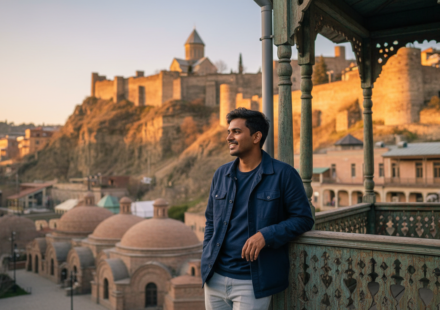 An Indian traveller overlooking historic Old Tbilisi houses and Narikala Fortress in warm afternoon light.