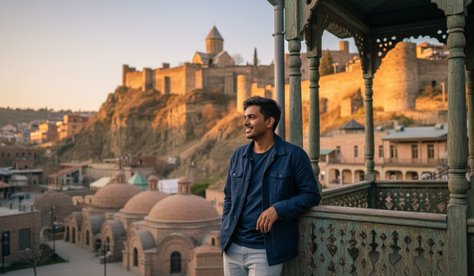 An Indian traveller overlooking historic Old Tbilisi houses and Narikala Fortress in warm afternoon light.