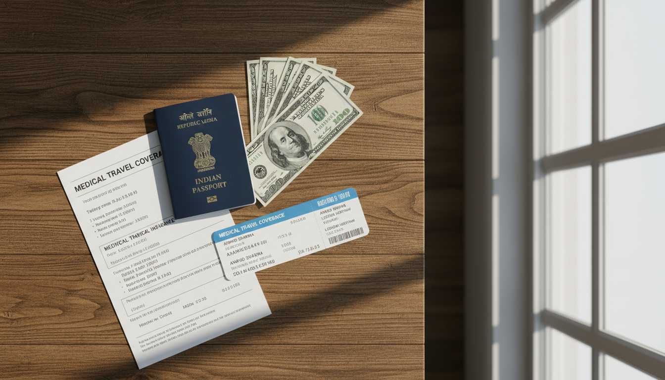 An Indian passport laid out beside printed travel insurance documents, US dollar banknotes, and a travel itinerary.