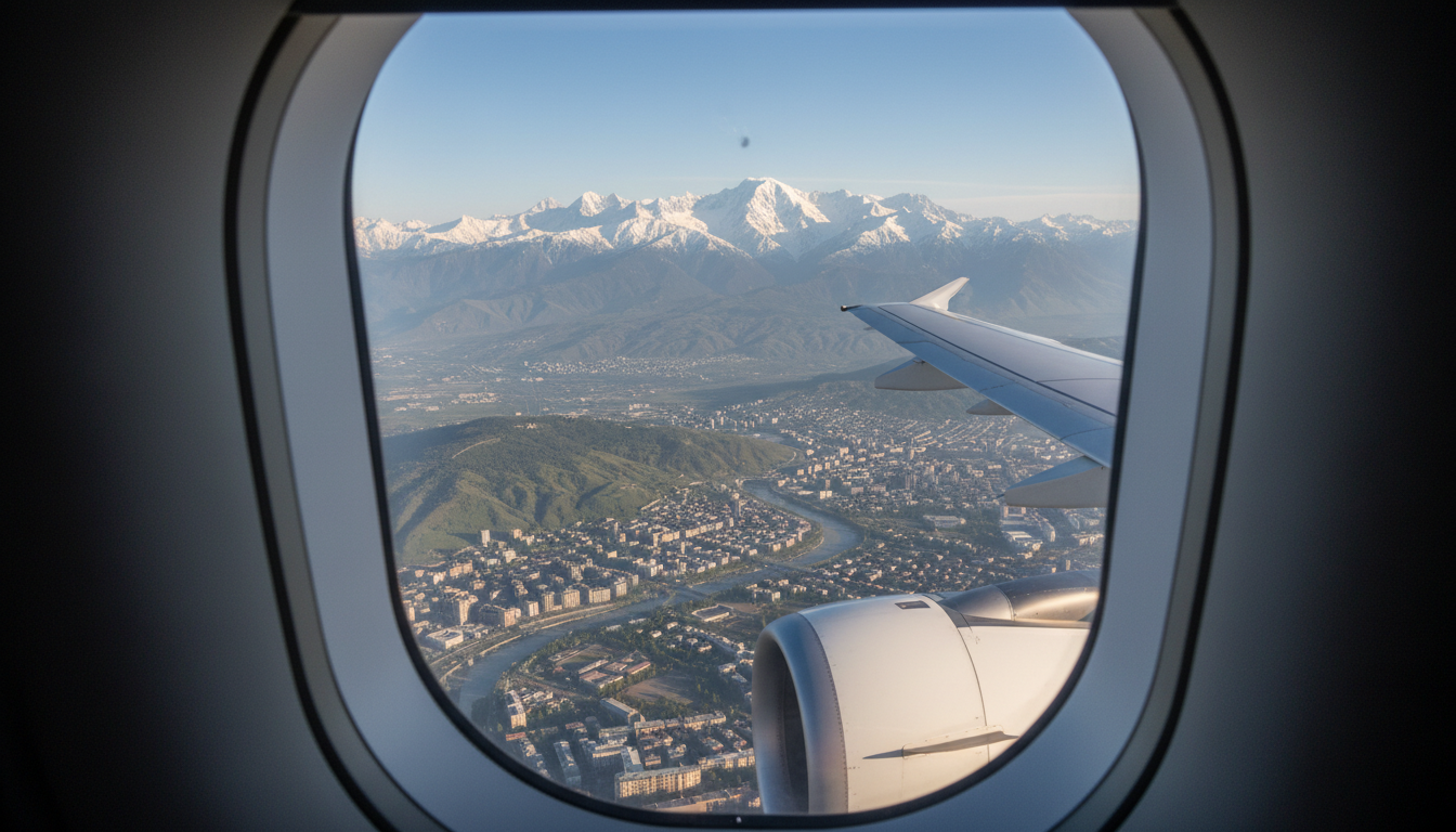 View from an airplane window showing snow-capped Caucasus mountain peaks during descent into Georgia.