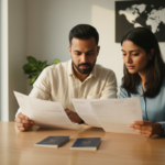 An Indian couple sits at a wooden office desk reviewing visa application paperwork and blue passports.