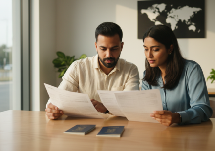 An Indian couple sits at a wooden office desk reviewing visa application paperwork and blue passports.