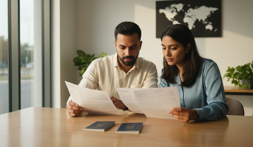An Indian couple sits at a wooden office desk reviewing visa application paperwork and blue passports.