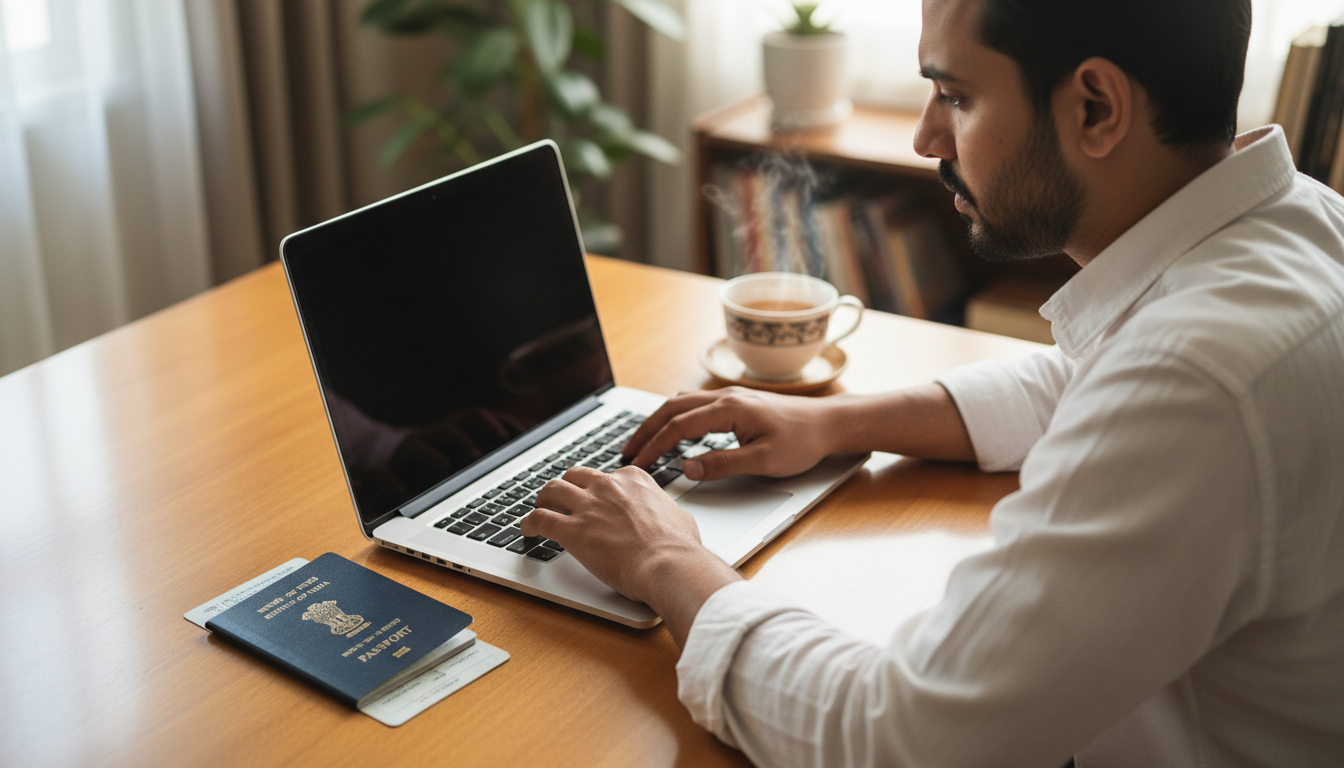 A traveler at a desk using a laptop next to an Indian passport to verify agency credentials online.