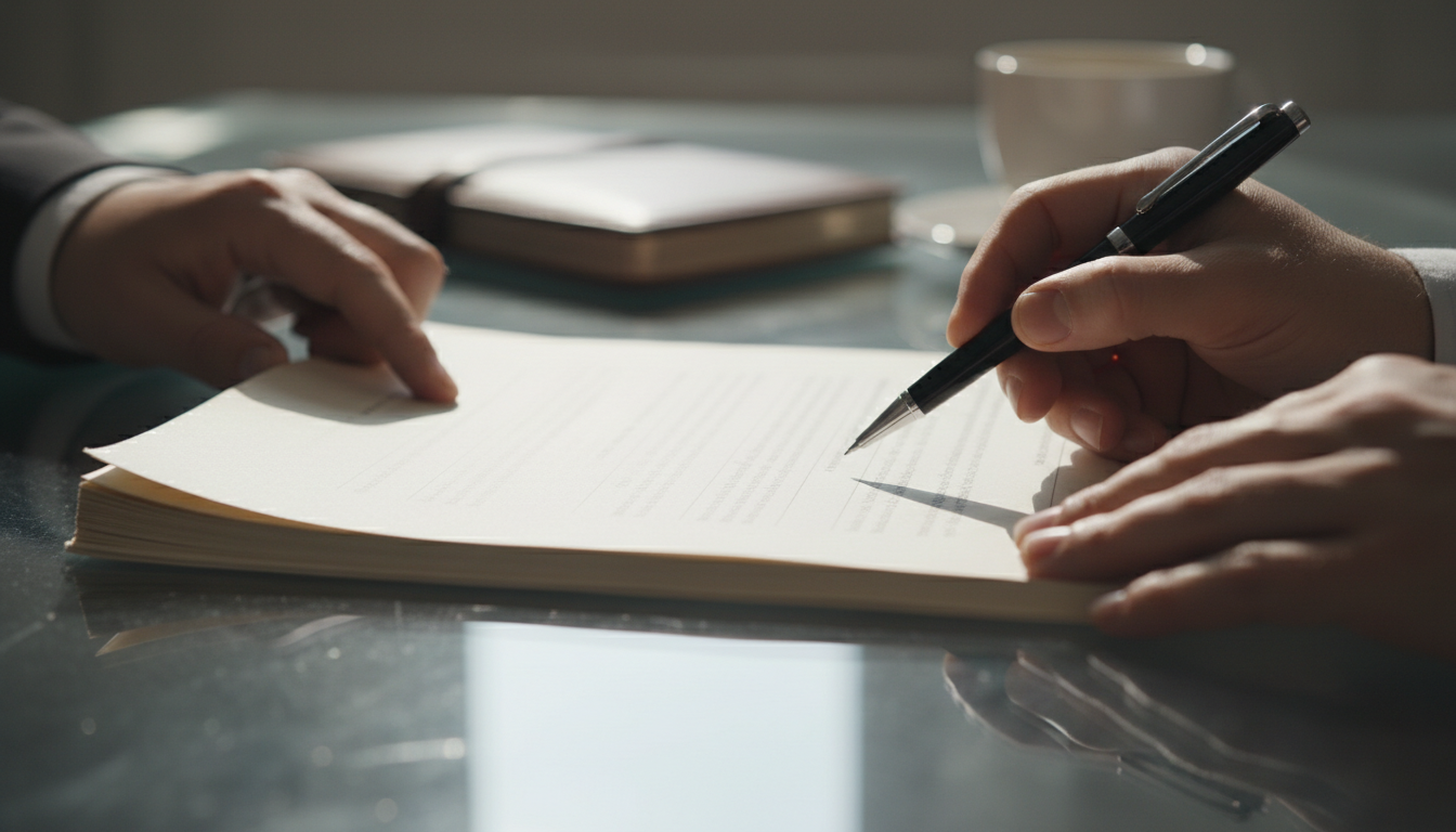 Close-up of hands reviewing a printed document with a pen over a desk before signing an agreement.