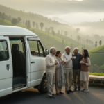 An Indian family standing near a white Tempo Traveller on a hill station road overlooking green tea gardens.