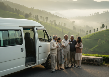 An Indian family standing near a white Tempo Traveller on a hill station road overlooking green tea gardens.