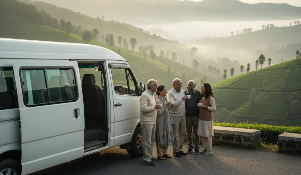 South India Group Tour Packages: Top Circuits, Costs & Planning Guide An Indian family standing near a white Tempo Traveller on a hill station road overlooking green tea gardens.