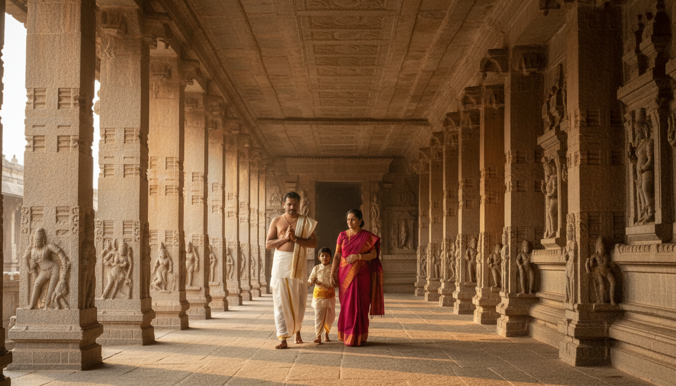 South India Group Tour Packages: Top Circuits, Costs & Planning Guide 1 Indian travellers in traditional attire walking through a stone-pillared corridor of a South Indian temple.