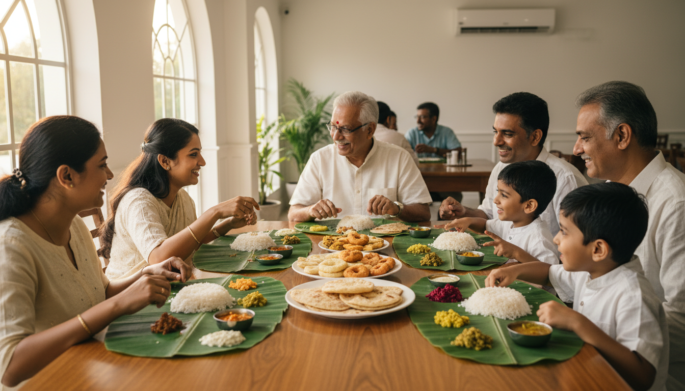 South India Group Tour Packages: Top Circuits, Costs & Planning Guide 2 A group of Indian family members eating a traditional meal served on banana leaves at a restaurant.