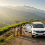 An Indian family enjoying a roadside scenic mountain view next to their private SUV during a sunny morning.