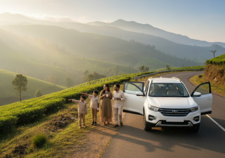 An Indian family enjoying a roadside scenic mountain view next to their private SUV during a sunny morning.