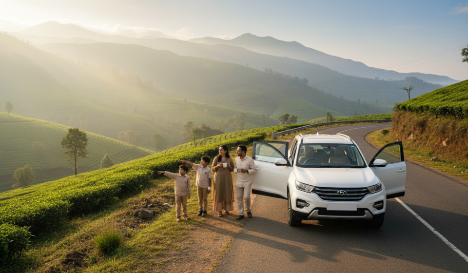 Group Tour vs Customized Tour Package: Which Should You Book? An Indian family enjoying a roadside scenic mountain view next to their private SUV during a sunny morning.