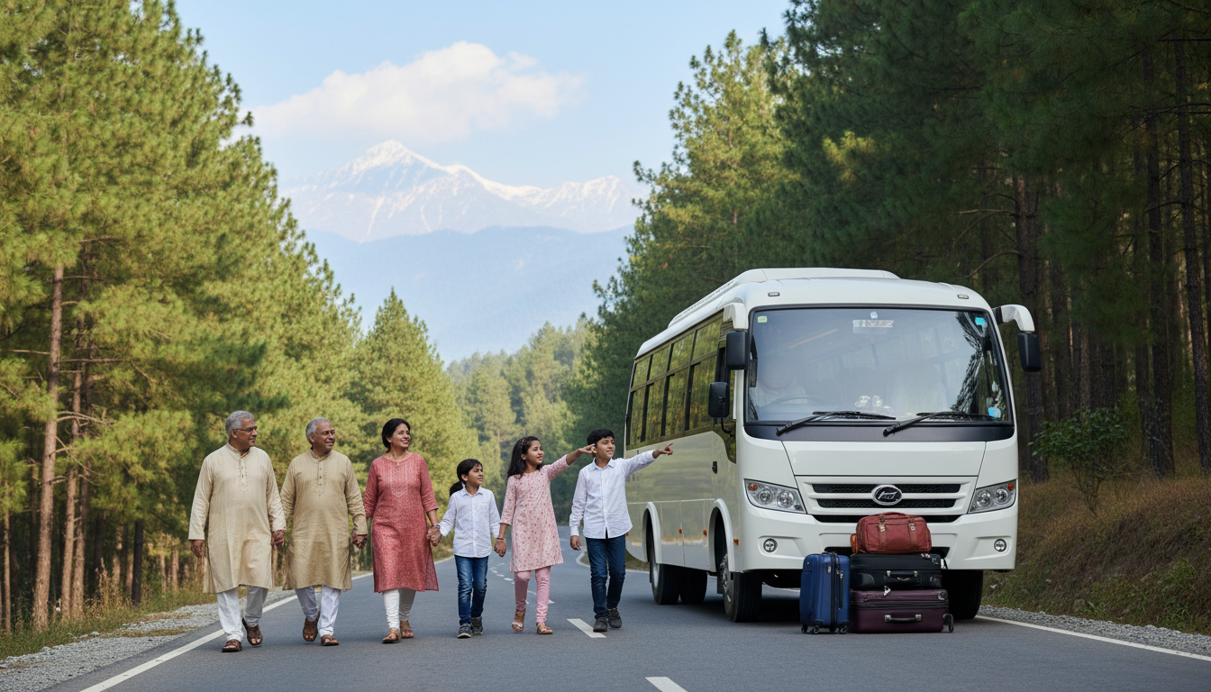 Group Tour vs Customized Tour Package: Which Should You Book? 1 A multi-generational Indian family walking toward a private white mini-bus on a mountain road.