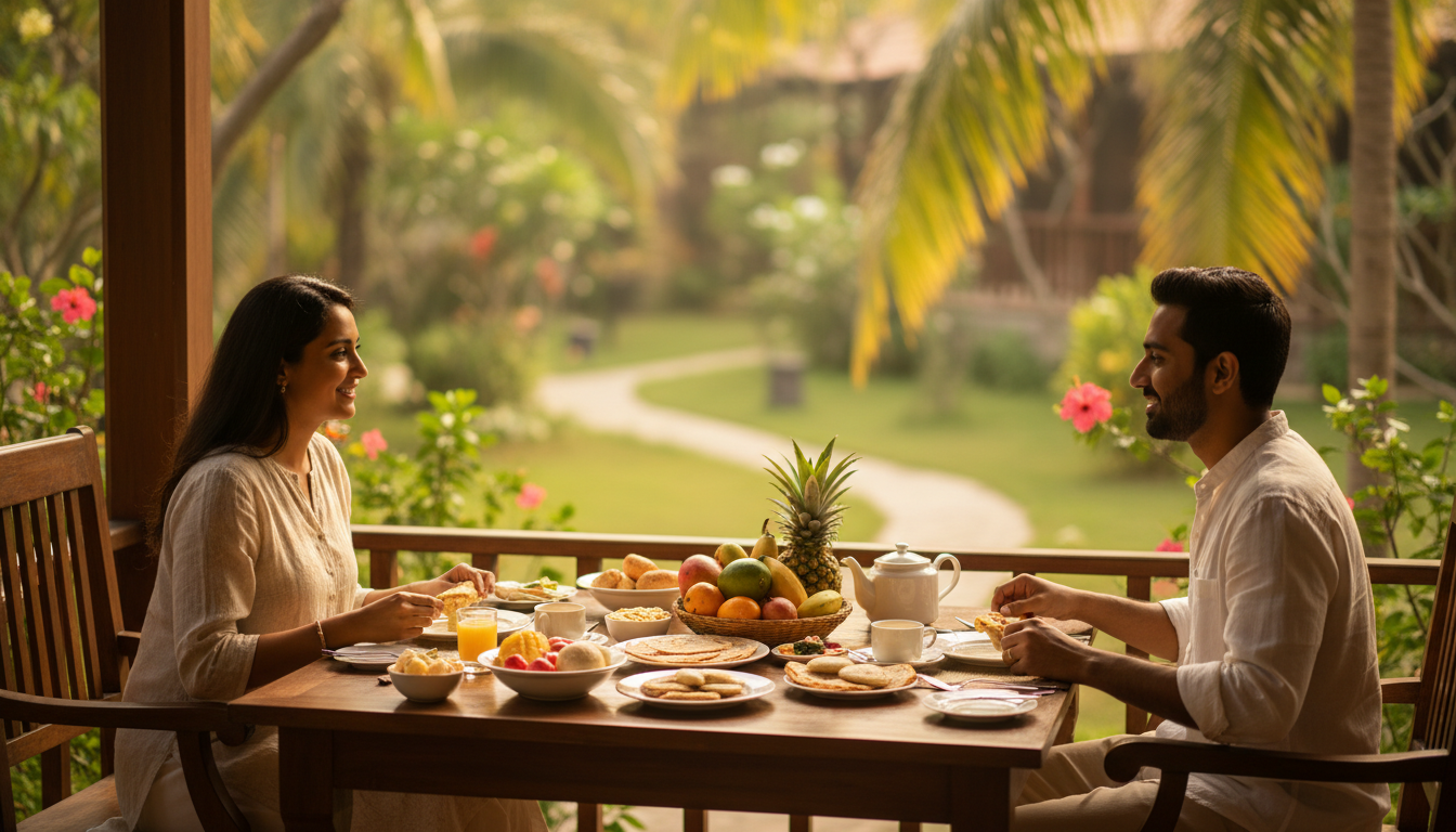 Group Tour vs Customized Tour Package: Which Should You Book? 2 An Indian couple eating breakfast on a sunny resort terrace overlooking tropical greenery.