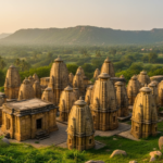Cluster of ancient sandstone mini-shrines at Bateshwar temples in Morena, surrounded by green trees in morning light.