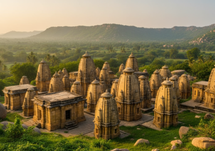 Cluster of ancient sandstone mini-shrines at Bateshwar temples in Morena, surrounded by green trees in morning light.