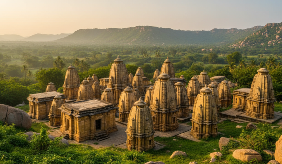 Cluster of ancient sandstone mini-shrines at Bateshwar temples in Morena, surrounded by green trees in morning light.