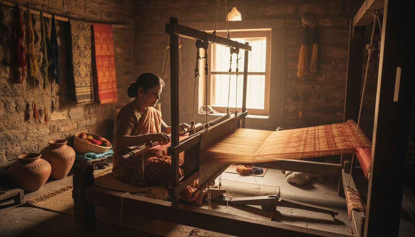 Master weaver operating a traditional wooden handloom, weaving turquoise and gold silk fabric inside a home in Pranpur.