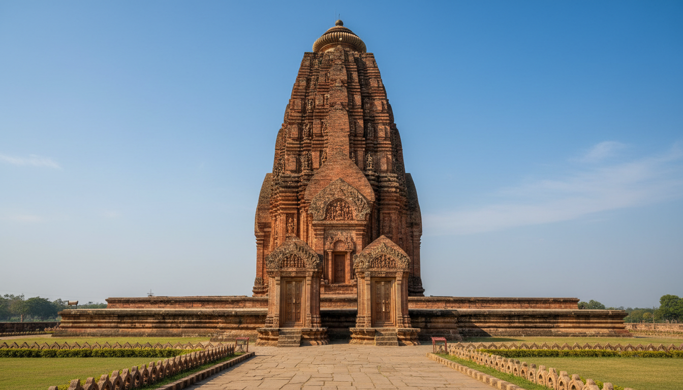 The 7th-century red-brick Laxman Temple featuring terracotta relief carvings set against a clear blue sky in Sirpur.