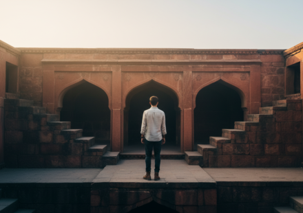 Deep stone stepwell arches of Agrasen Ki Baoli in Delhi illuminated by warm morning sunlight.